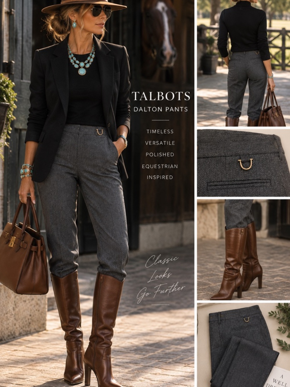 Talbots Dalton Herringbone Pants Sz 8 Gray Black Equestrian Preppy Trousers